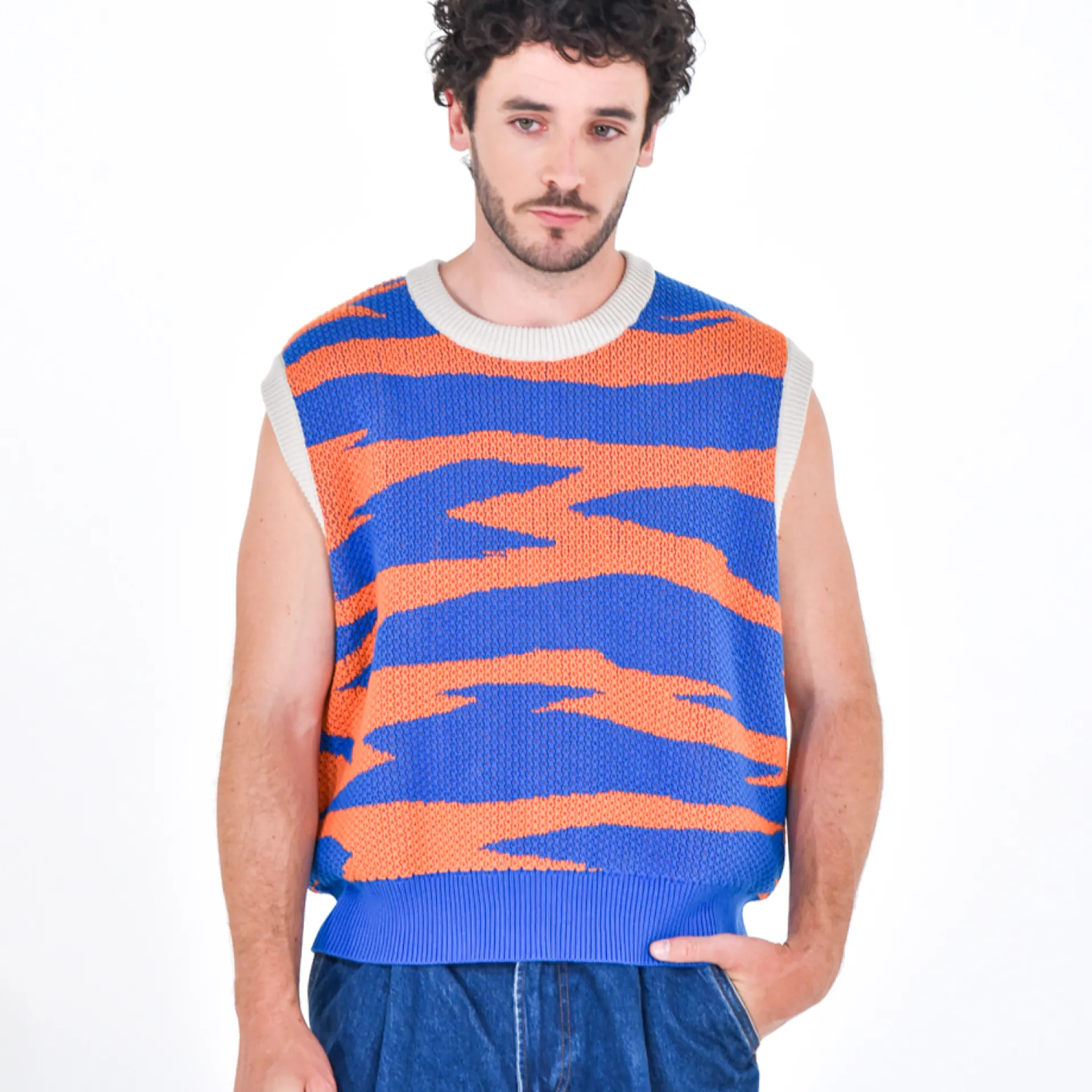 Daniel Chong Knitted Jacquard Vest NARANJA/AZUL*Mujer Hombre|Mujer