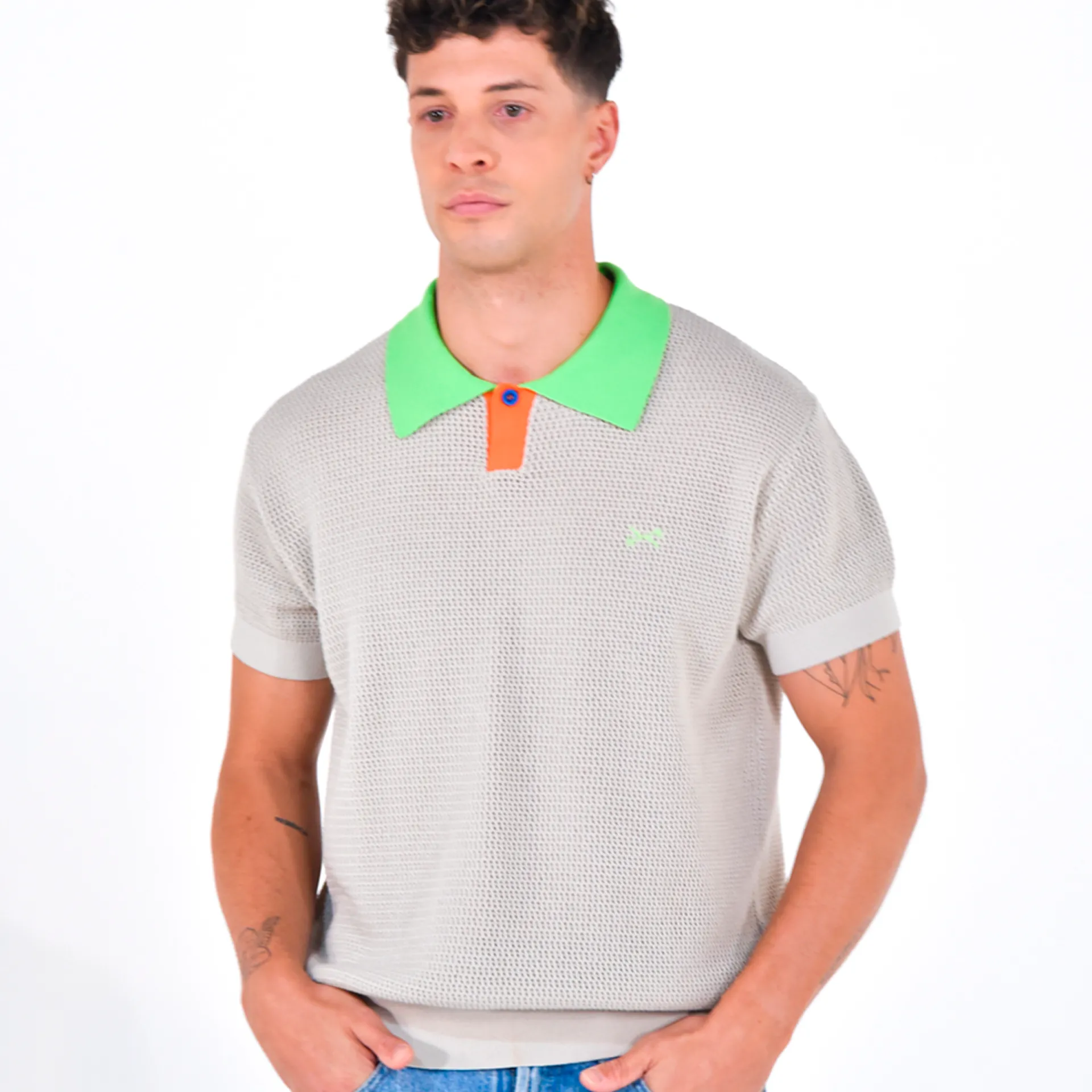 Daniel Chong Men's Short Sleeve Mesh Polo w/ Button BEIGE*Hombre Hombre