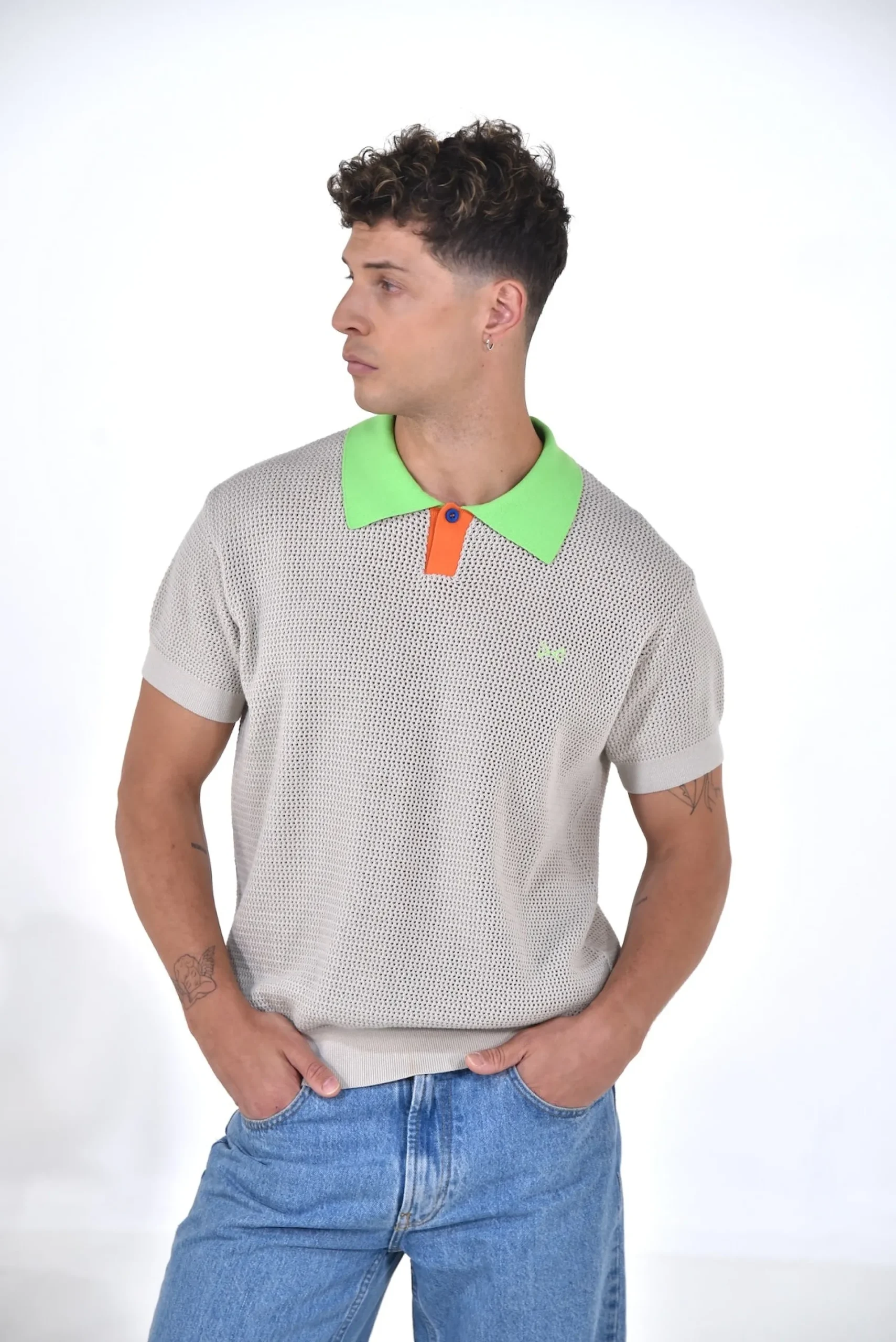 Daniel Chong Men's Short Sleeve Mesh Polo w/ Button BEIGE*Hombre Hombre