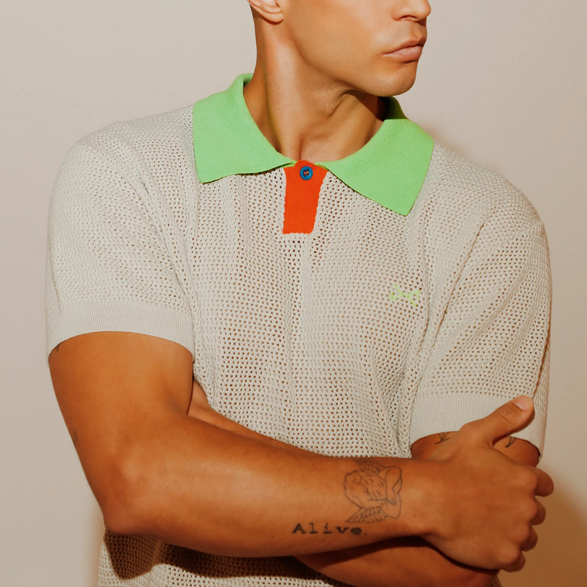 Daniel Chong Men's Short Sleeve Mesh Polo w/ Button BEIGE*Hombre Hombre