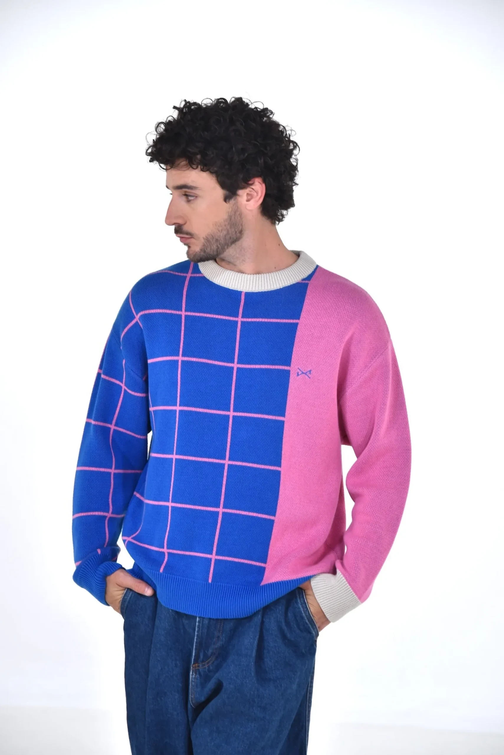Daniel Chong Unisex Knitted Jacquard Sweater AZUL/ROSA*Mujer Hombre|Mujer