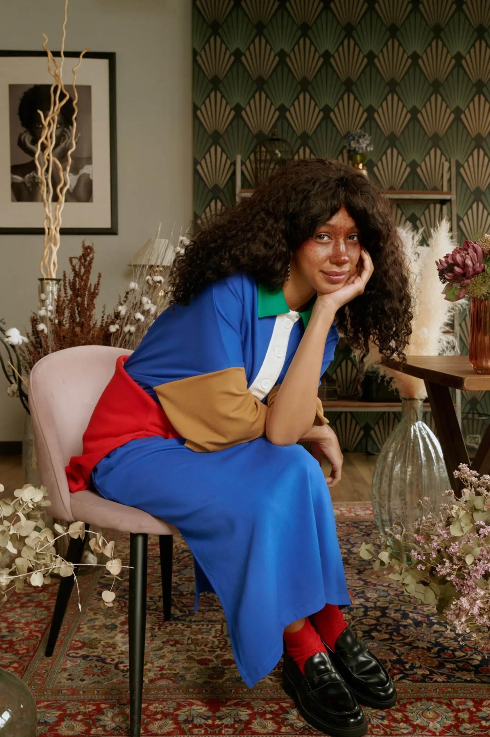 Daniel Chong Vestido Camisero Azul real cuello verde*Mujer Mujer