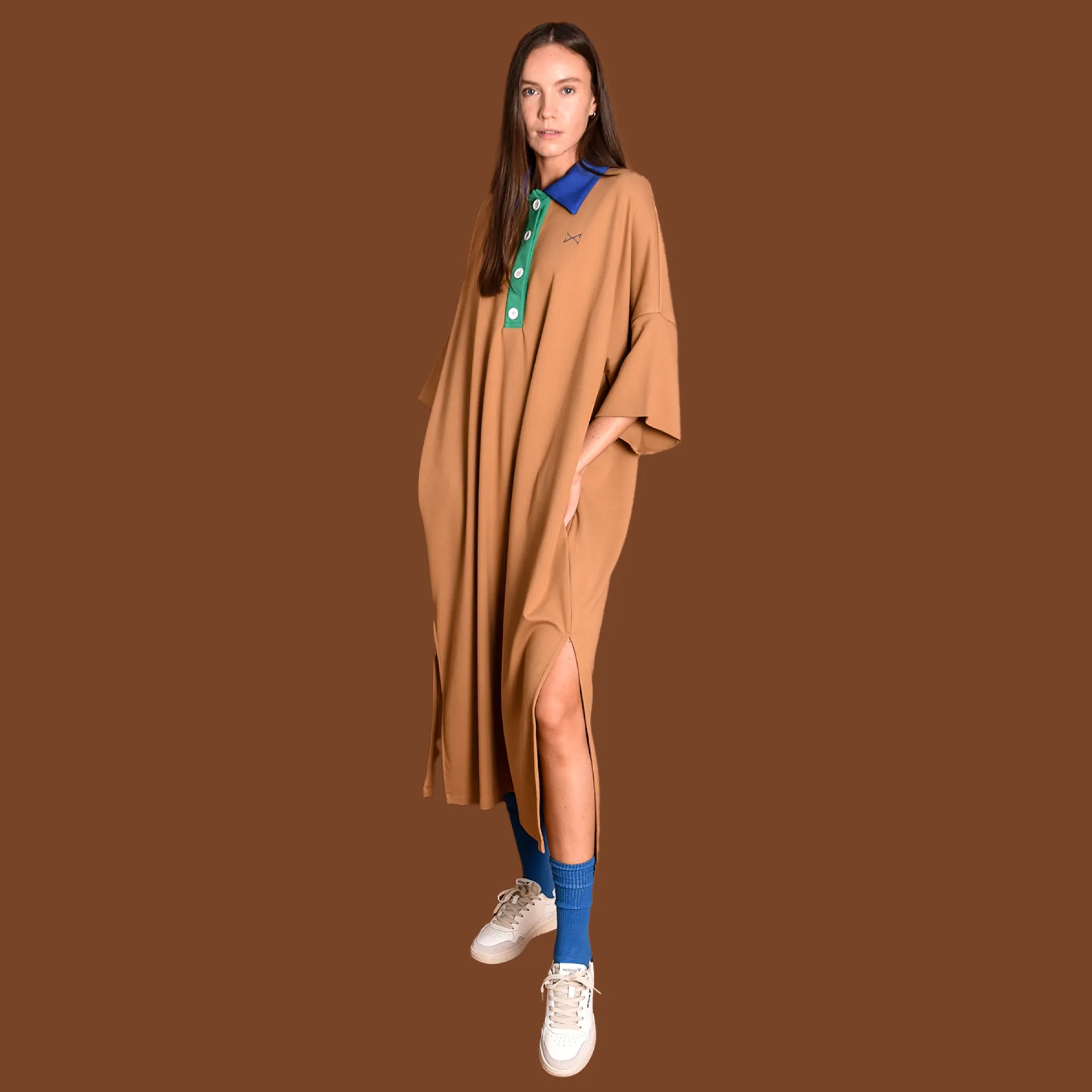 Daniel Chong Vestido Camisero Mostaza cuello verde*Mujer Mujer